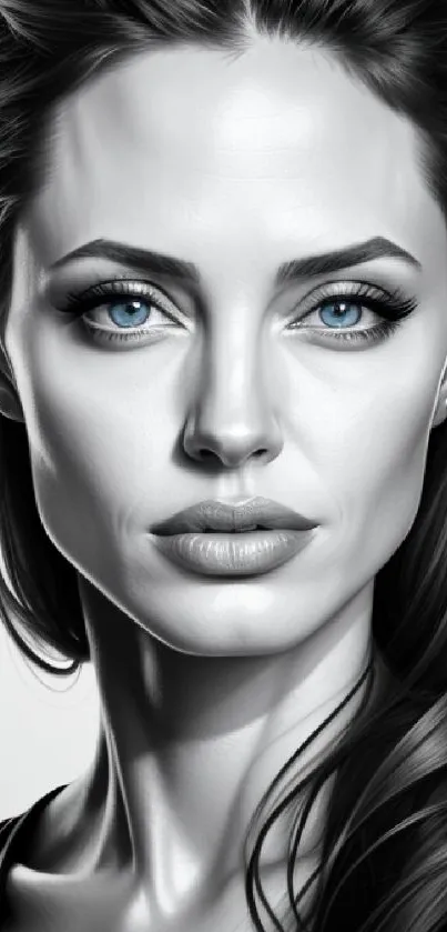 Monochrome portrait with striking blue eyes.