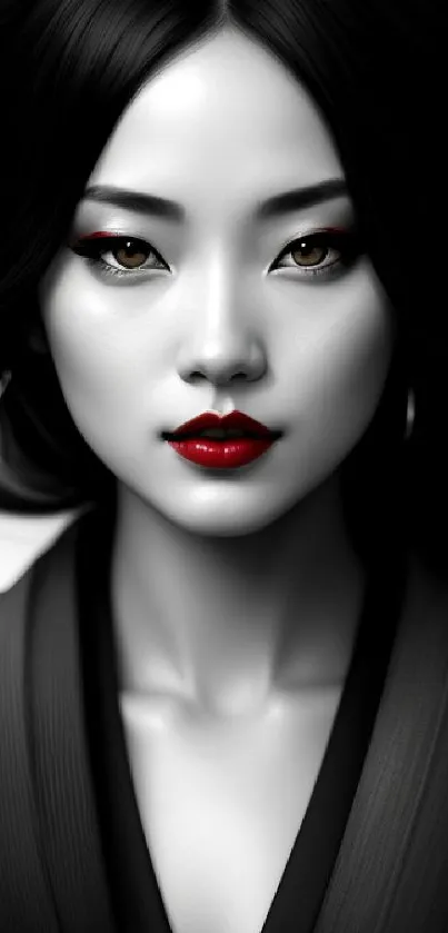 Monochrome portrait with red lips and elegant styling.