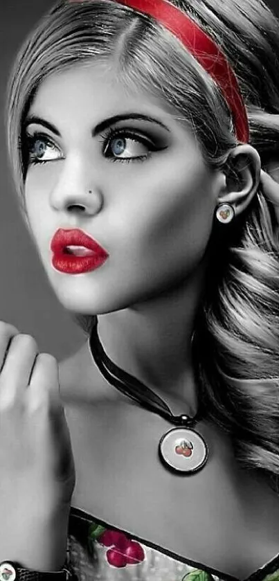 Stylish monochrome portrait with red accents.