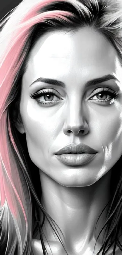 Monochrome portrait with pink highlights, elegant and artful design.