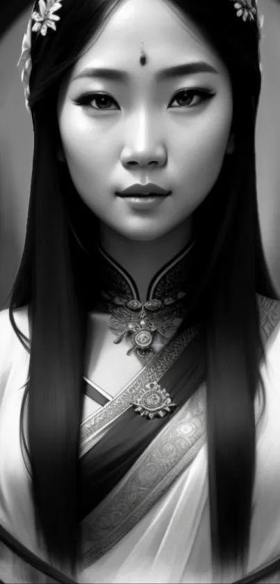 Monochrome portrait of a woman in elegant, traditional attire with intricate details.