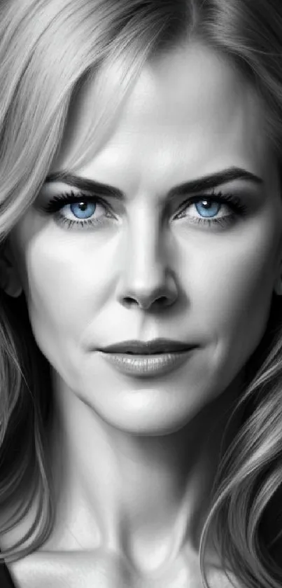 Monochrome portrait of a woman with vivid blue eyes, ideal for wallpaper.