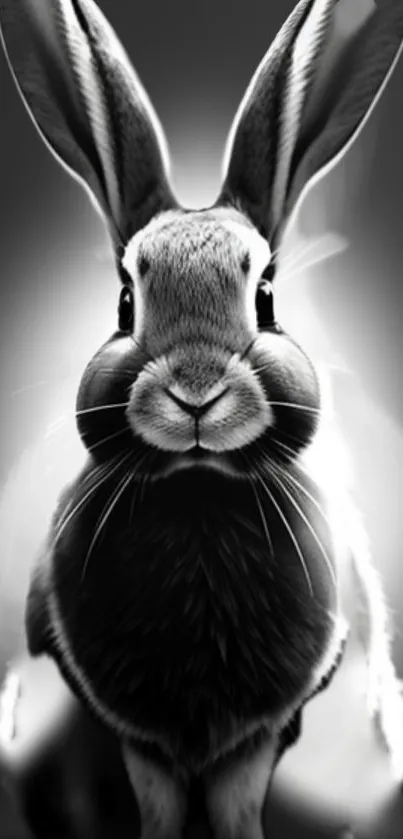 Monochrome rabbit with white glow in elegant wallpaper design.