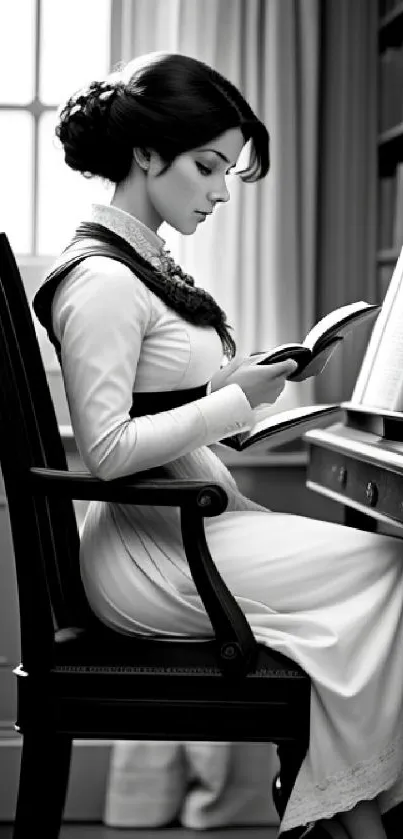 Monochrome image of a woman reading in a classical study setting.