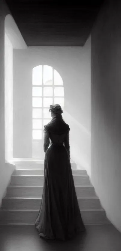 Silhouette of a woman in a gown standing in a shadowy, elegant hallway.