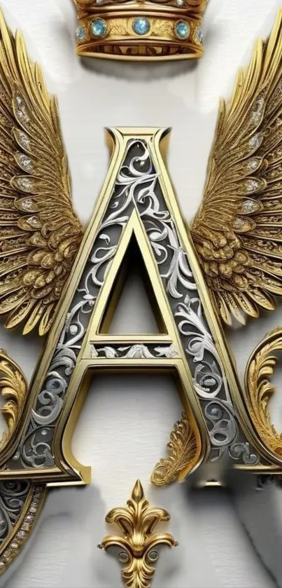 Luxurious wallpaper with ornate letter A and golden wings.