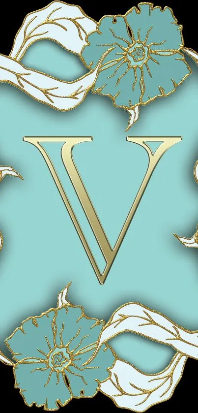 Elegant monogram floral wallpaper with teal and gold design.