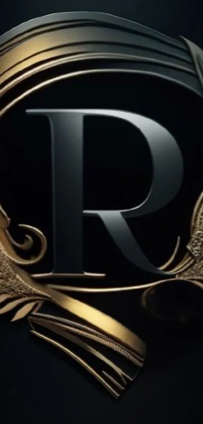 Elegant monogram letter R with gold embellishments on a black background.