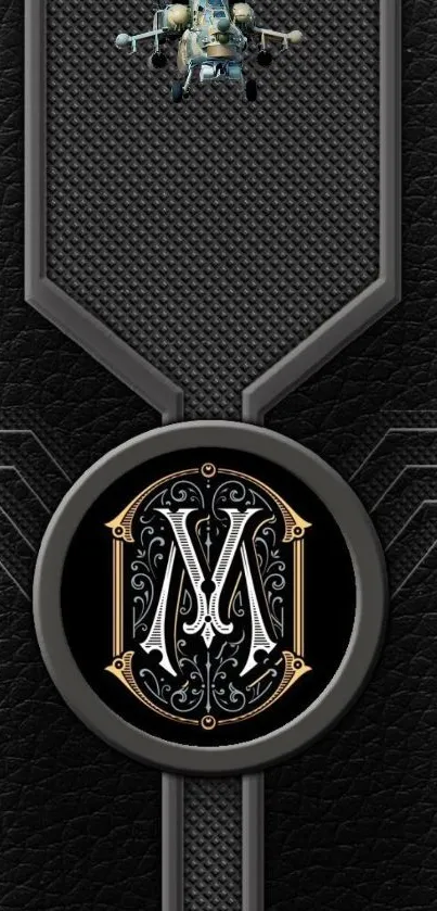 Elegant black leather wallpaper with monogram design.