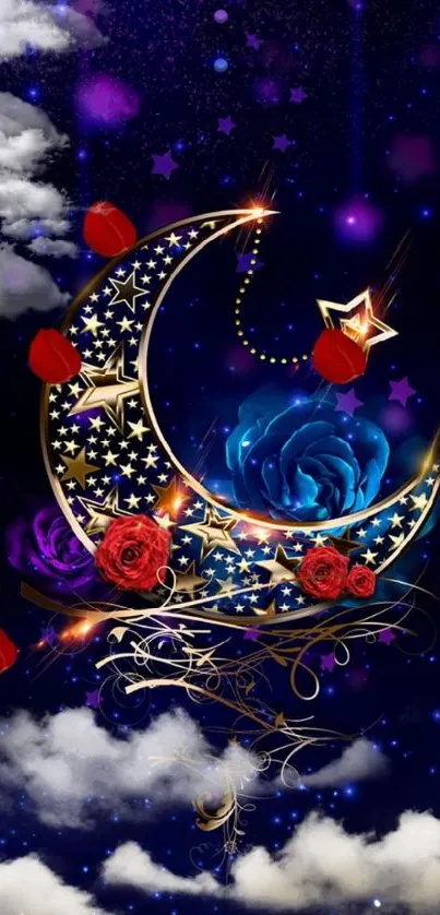 Elegant moon and rose wallpaper with golden accents.