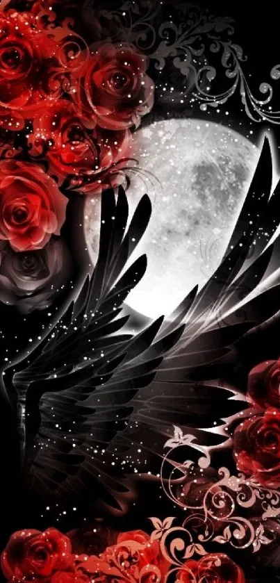 Black wings, red roses, and a full moon wallpaper.