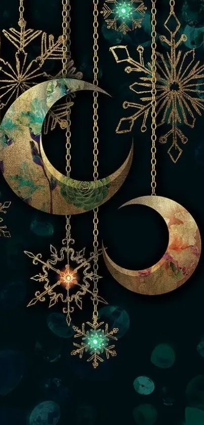 Elegant mobile wallpaper with crescent moons and golden snowflakes on a dark background.