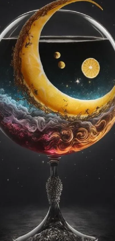 Artistic moon and planets in glass orb with colorful swirls.