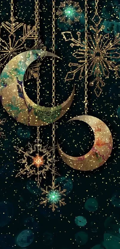 Elegant wallpaper with gold moons and stars on dark green.