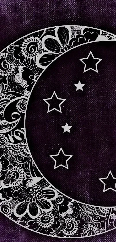 Intricate moon and stars paisley art on a purple background.