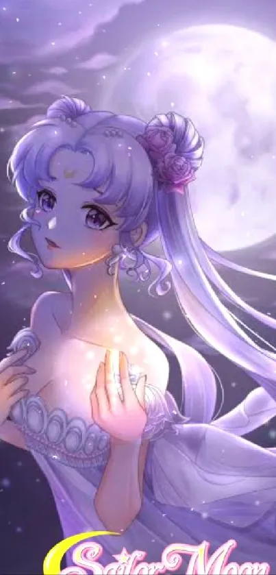 Anime princess with flowing hair under a bright full moon.