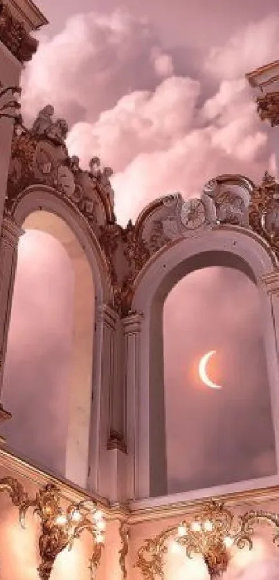 Elegant architecture with crescent moon in pink sky wallpaper.