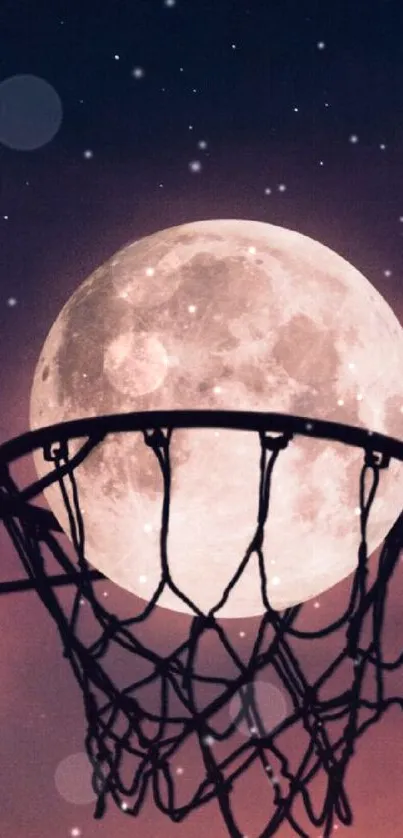 Moon rises behind basketball hoop under twilight sky.