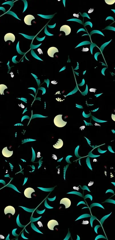 Moonlit botanical wallpaper with teal leaves on black background.