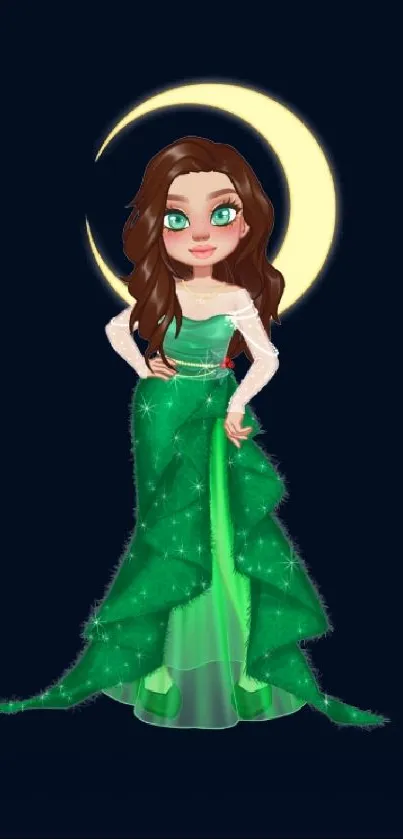 Illustrated character in a green dress with a moon backdrop on a mobile wallpaper.