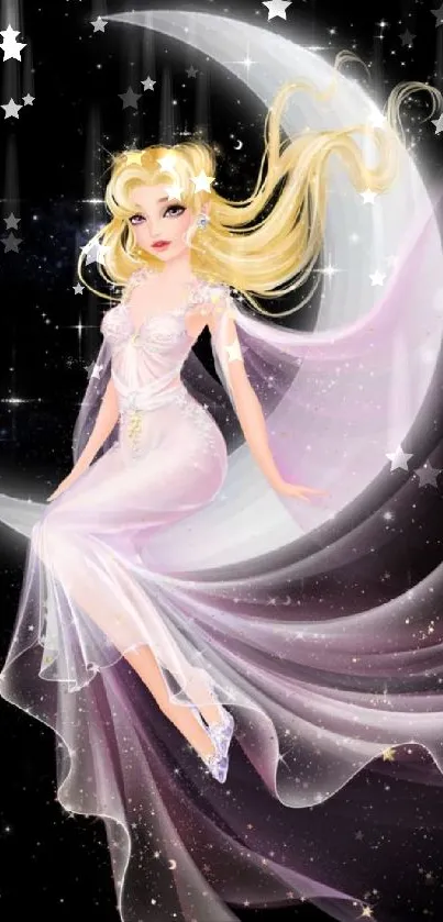 Graceful fairy on a crescent moon with a starry night sky.