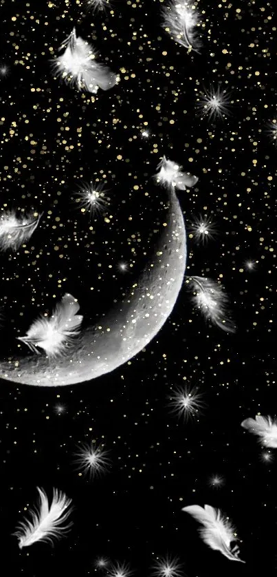 Crescent moon with feathers and stars on a dark background.