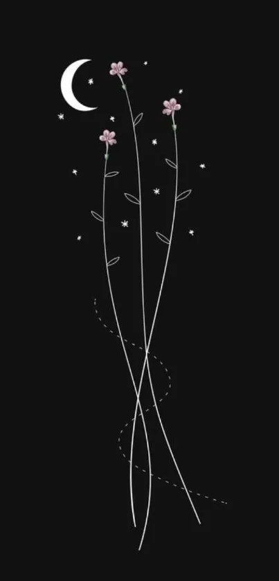 Minimalist floral wallpaper with moon and stars on a black background.