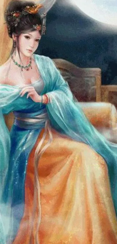 Moonlit lady in elegant, traditional attire with vibrant colors.