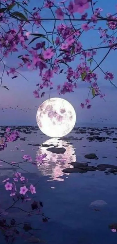 Moonlit lake with cherry blossoms and reflections at twilight.