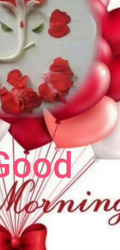 Red and white balloons with good morning message.