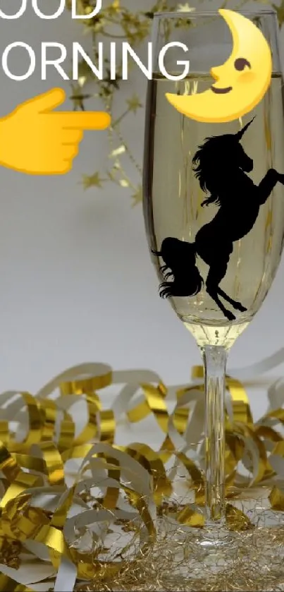 Morning celebration wallpaper with champagne and gold decor.