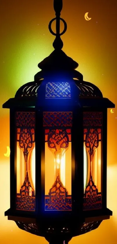 Intricate Moroccan lantern glowing warmly against an orange background.