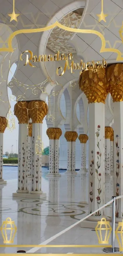 Beautiful view inside a mosque with gold-accented columns.