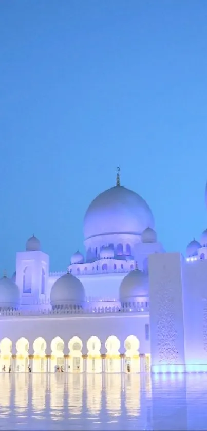 Elegant mosque with domes under a tranquil blue sky.