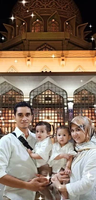 Family standing in front of illuminated mosque at night.