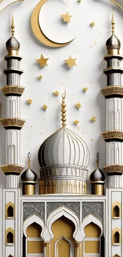 Intricate mosque design with gold accents and crescent moon on elegant wallpaper.