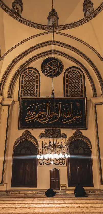 Elegant mosque interior with warm lighting.