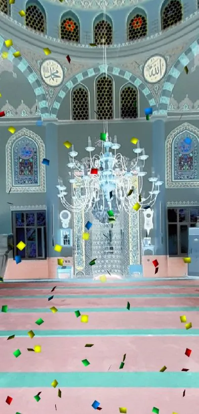 Intricate mosque interior with chandelier and ornate designs.