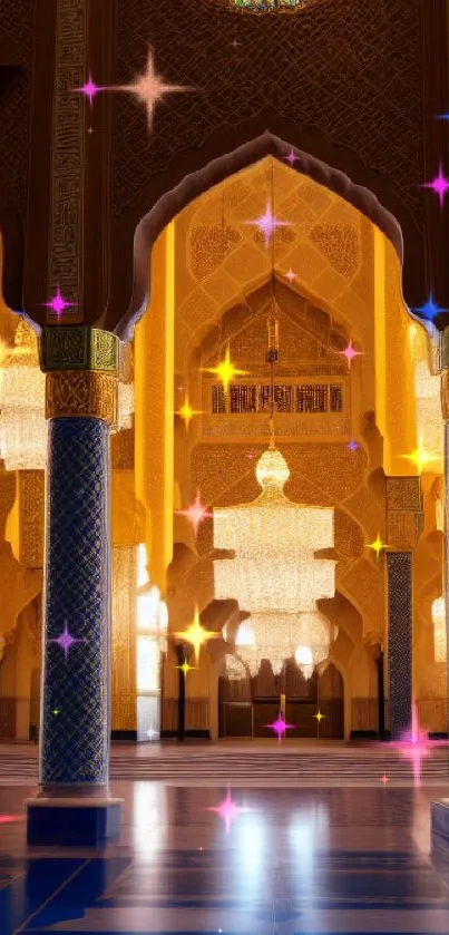 Elegant mosque interior with vibrant lighting and intricate architecture.