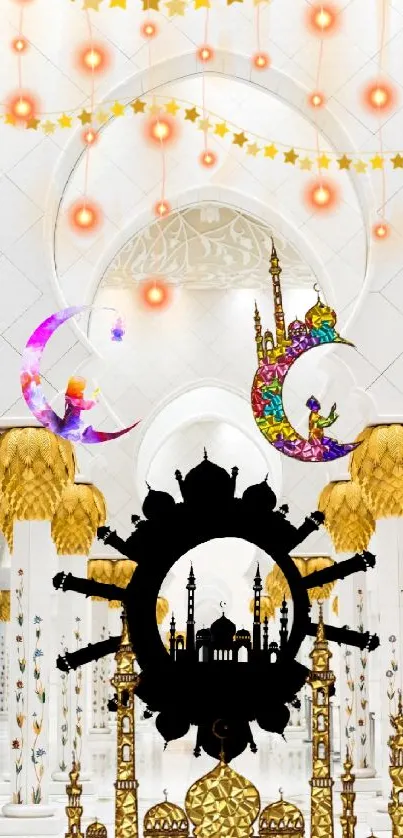 Elegant mosque wallpaper with golden motifs and crescent moons.