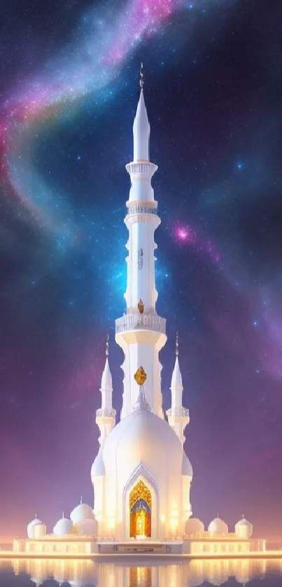 Majestic mosque illuminated under a colorful starry night sky, reflecting serenity.