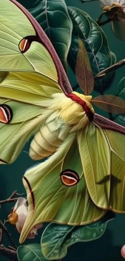 Green moth on a detailed floral background.
