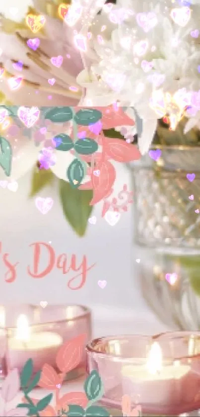 Mother's Day wallpaper with flowers and candles creating a warm, elegant ambiance.