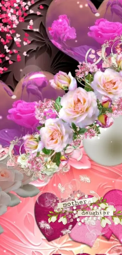 Elegant pink floral hearts with roses wallpaper.