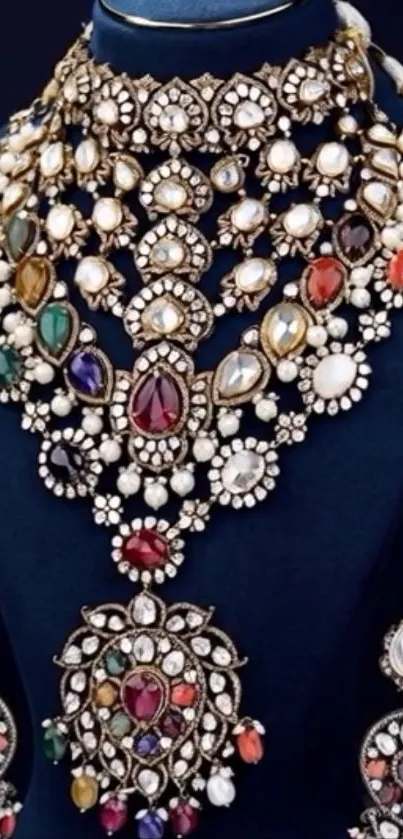 Multicolor gemstone necklace on display stand.