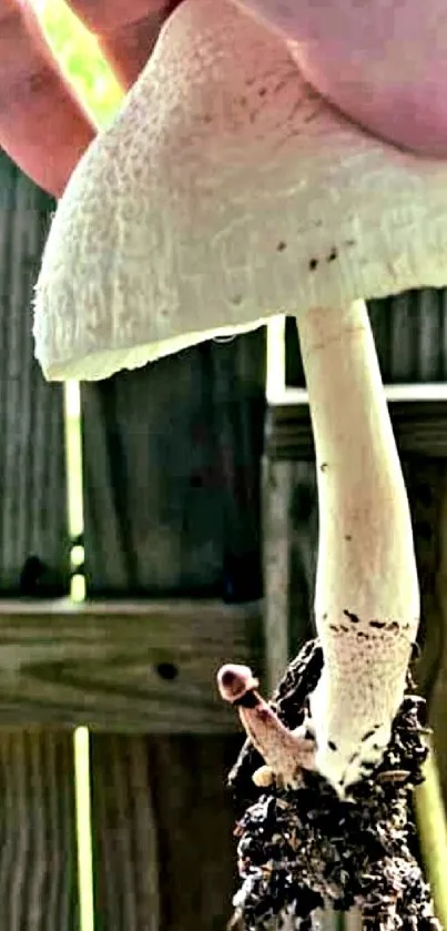 Close-up of a white mushroom held against a wooden fence, showcasing natural elegance.