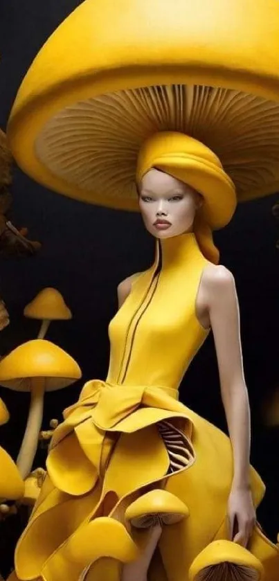 Elegant woman in mushroom-inspired fashion design with yellow tones.