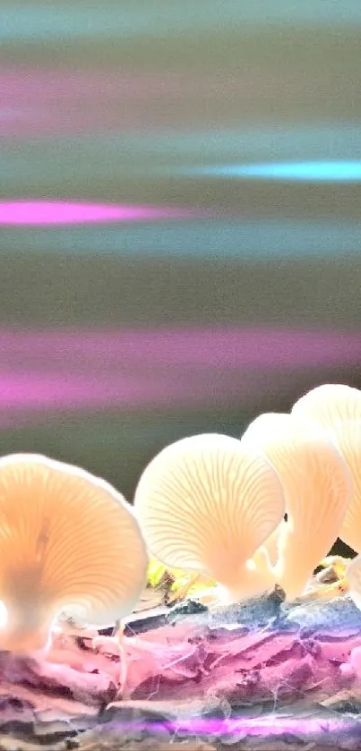 Mushroom mobile wallpaper showing delicate mushrooms on bark with green background.