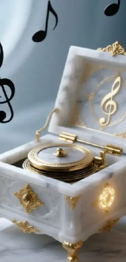 Elegant open music box with gold and marble design, musical notes floating.