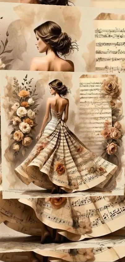 Elegant woman in a musical note dress surrounded by vintage roses.